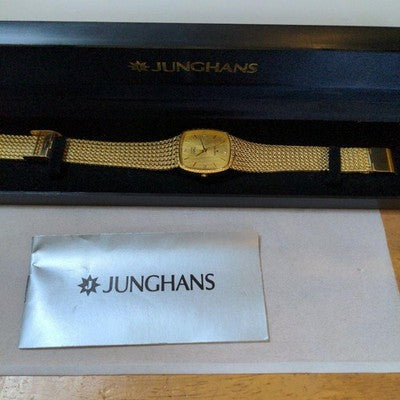 JUNGHANS LADIES WRISTWATCH SQUARE FACE ALL STAINLESS STEEL DIAL COLOR GOLD