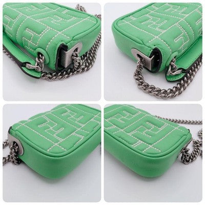 FENDI ZUCCA NANO BAGUETTE LEATHER SHOULDER BAG GREEN NEAR MINT