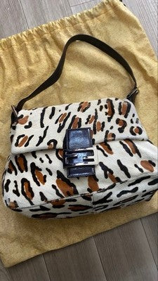 FENDI MAMMA BUCKET SHOULDER BAG, LEOPARD PRINT, CALF HAIR, WOMEN'S FASHION