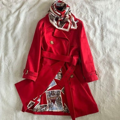 CELINE RED COTTON TRENCH COAT BELT SCARF HANGER SET SIZE S FRANCE MADE