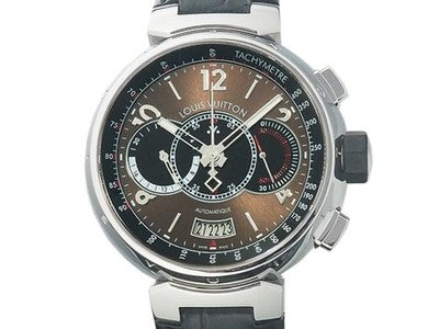 LOUIS VUITTON TAMBOUR VOYAGE CHRONOGRAPH Q102A BROWN BLACK WRISTWATCH AUTHENTIC