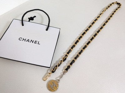 CHANEL VINTAGE GOLD BLACK CHAIN BELT LEATHER METAL WOMEN'S AUTHENTIC USED BAG