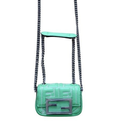 FENDI ZUCCA NANO BAGUETTE LEATHER SHOULDER BAG GREEN NEAR MINT