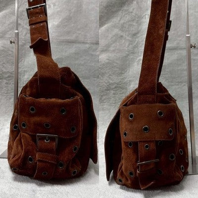 PRADA SUEDE GROMMET SHOULDER BAG BROWN PERFORATED LEATHER CROSSBODY