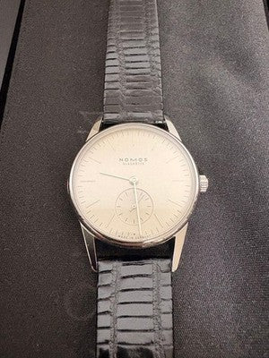 NOMOS GLASHÜTTE ORION 33 MANUAL WIND 33MM EXHIBITION BACK EXCELLENT W/ BOX