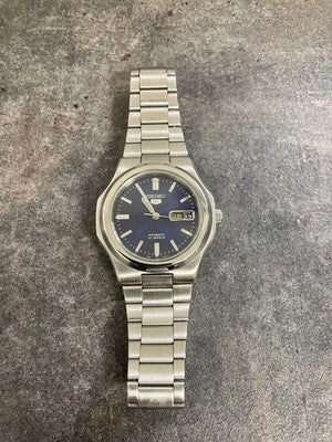 SEIKO 5 SNKK45 SUNBURST BLUE AUTOMATIC SILVER DIAL & BAND WATCH WORKING