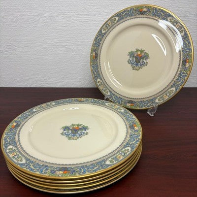LENOX AUTUMN DINNER PLATES 27CM SET OF 6 IVORY BLUE GOLD TRIM USA MADE VINTAGE