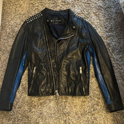DSQUARED2 SIZE 46 STUDDED LEATHER RIDER JACKET MADE ROMANIA COWHIDE BLACK BIKER