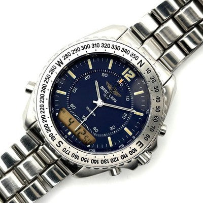 BREITLING PLUTON MULTIFUNCTION A51038 NAVY DIAL STEEL QUARTZ ANALOG WATCH USED