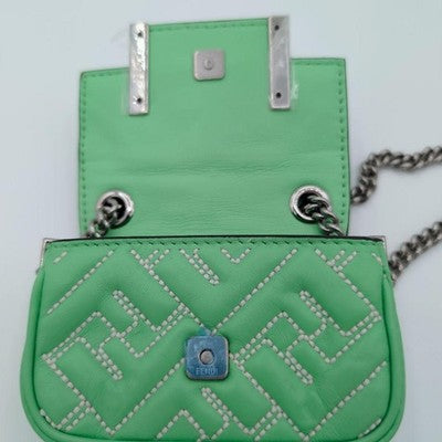 FENDI ZUCCA NANO BAGUETTE LEATHER SHOULDER BAG GREEN NEAR MINT