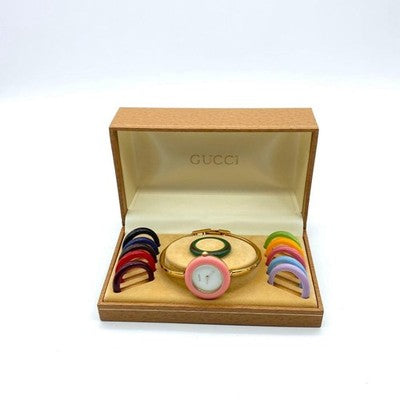 GUCCI CHANGE BEZEL 12 COLORS WOMEN'S WATCH - OVERHAULED, NEW BATTERY, GOLD TONE