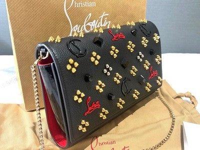 CHRISTIAN LOUBOUTIN PALOMA CLUTCH BLACK RED STUDDED CHAIN WALLET BAG 2WAY