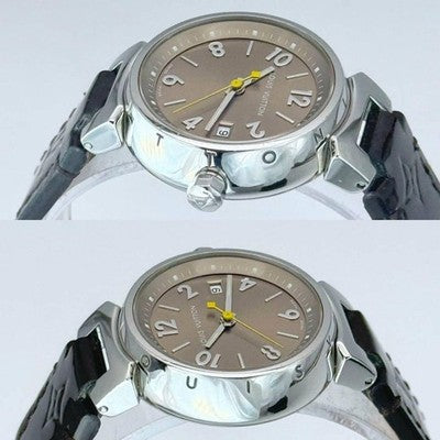 LOUIS VUITTON TAMBOUR Q1212 MONOGRAM WATCH BROWN DIAL STAINLESS STEEL QUARTZ