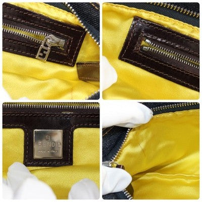 FENDI DENIM BAGUETTE SHOULDER BAG NAVY EMBROIDERED FLOWER EXCELLENT