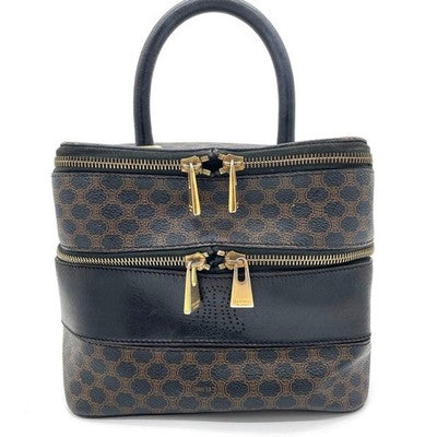 CELINE TRIOMPHE MACADAM PVC HANDBAG BLACK BROWN TOP HANDLE BAG VINTAGE JAPAN