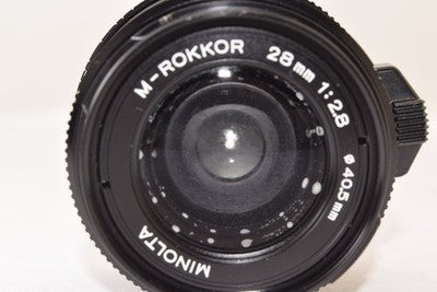 MINOLTA M-ROKKOR 28MM F2.8 WITH DEDICATED HOOD WIDE-ANGLE LENS AS IS