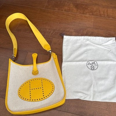 HERMES EVELYNE PM SHOULDER BAG YELLOW CANVAS & LEATHER COMBINATION, USED