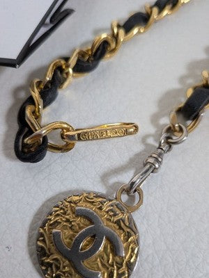 CHANEL VINTAGE GOLD BLACK CHAIN BELT LEATHER METAL WOMEN'S AUTHENTIC USED BAG