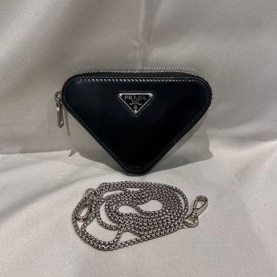 PRADA CHAIN WALLET POUCH MINI WALLET BLACK LEATHER NEAR MINT