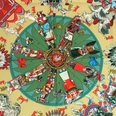 HERMES CARRE 90 KACHINAS SILK SCARF GREEN UNISEX USED W/BOX