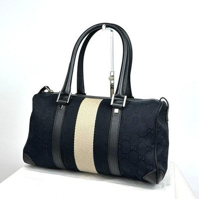 GUCCI MINI BOSTON BAG SHERRY LINE GG CANVAS BLACK LEATHER HANDBAG