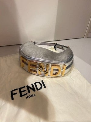 FENDI HOBO BAG SMALL SILVER FENDI GRAPHY GRAPHIC LOGO ZIP CLOSURE MADE IN ITALY