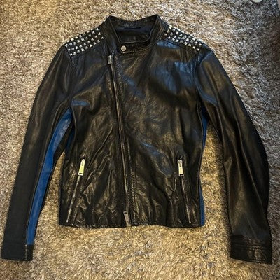 DSQUARED2 SIZE 46 STUDDED LEATHER RIDER JACKET MADE ROMANIA COWHIDE BLACK BIKER