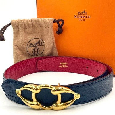 HERMES HORSEBIT REVERSIBLE LEATHER BELT SIZE 70 NAVY RED GOLD BUCKLE BOX