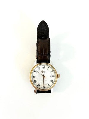 TISSOT POWERMATIC 80 AUTOMATIC WATCH ROMAN DIAL DATE GOLD CASE BROWN LEATHER