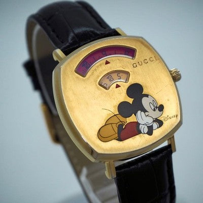 GUCCI DISNEY MICKEY MOUSE WATCH YA157420 BOYS SIZE GOLD DIAL BLACK BAND