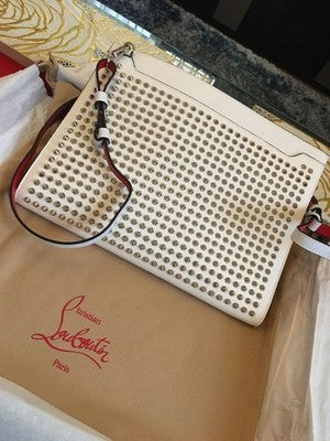 CHRISTIAN LOUBOUTIN SKY POUCH SPIKE STUDS WHITE CLUTCH BAG MINT