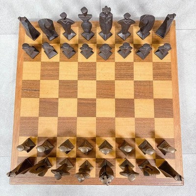 S488 BRONZE CHESS SET HANDMADE WOODEN CHESSBOARD STORAGE BOX ANTIQUE RETRO AS IS