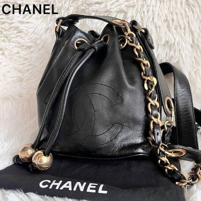 CHANEL COCO MARK CHAIN DRAWSTRING SHOULDER BAG BLACK LAMBSKIN USED