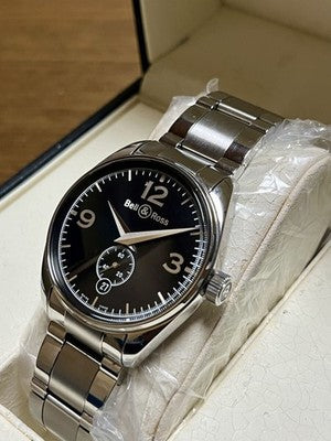 BELL & ROSS VINTAGE GENEVA 123B AUTOMATIC BLACK DIAL STEEL WATCH BOXED SWISS