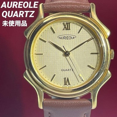 AUREOLE QUARTZ MEN'S WRISTWATCH 90S VINTAGE ROUND FACE LEATHER STRAP BAMBI