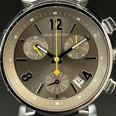 LOUIS VUITTON TAMBOUR CHRONOGRAPH Q1322 QUARTZ GOLD DIAL LEATHER LADY'S WATCH