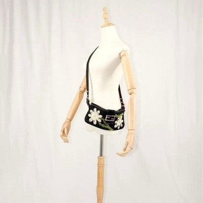 FENDI DENIM BAGUETTE SHOULDER BAG NAVY EMBROIDERED FLOWER EXCELLENT