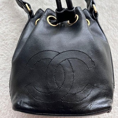 CHANEL COCO MARK CHAIN DRAWSTRING SHOULDER BAG BLACK LAMBSKIN USED