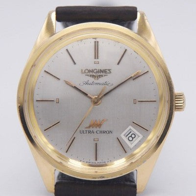 LONGINES ULTRA-CHRON AUTOMATIC DATE SILVER DIAL GOLD CASE SWISS MENS WATCH USED