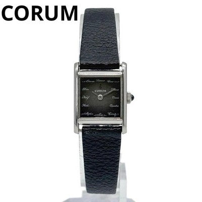 CORUM TANK SQUARE 15158 MANUAL WINDING GRAY DIAL BLACK LEATHER LADYS WATCH USED