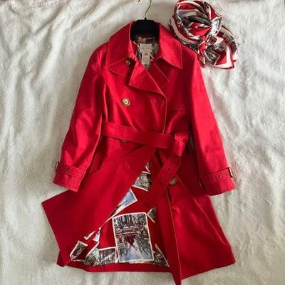 CELINE RED COTTON TRENCH COAT BELT SCARF HANGER SET SIZE S FRANCE MADE