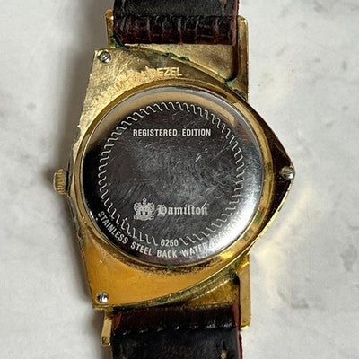 HAMILTON VENTURA 6250 MEN'S GOLD QUARTZ WATCH BROWN LEATHER BELT VINTAGE