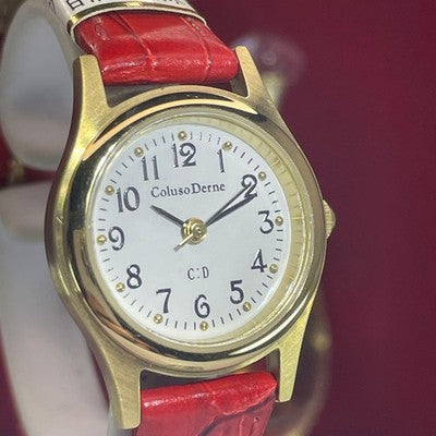 COLUSO DERNE QZ LADIES WRISTWATCH 90S VINTAGE ROUND FACE WHITE DIAL LEATHER BELT