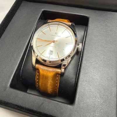 HAMILTON AMERICAN CLASSIC SPIRIT OF LIBERTY AUTOMATIC GOLD TONE LEATHER WATCH