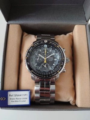SEIKO SNA411P1 FLIGHTMASTER CHRONOGRAPH 200M QUARTZ PILOT WATCH ALARM  AS IS