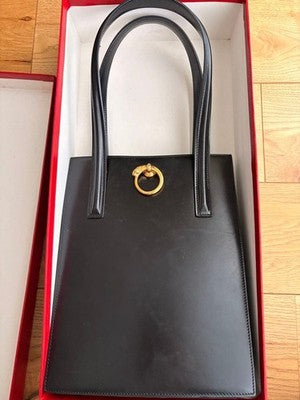 CARTIER PANTHERE VINTAGE BLACK HANDBAG LEOPARD LINING SHOULDER BAG WITH BOX