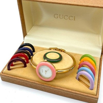 GUCCI CHANGE BEZEL 12 COLORS WOMEN'S WATCH - OVERHAULED, NEW BATTERY, GOLD TONE