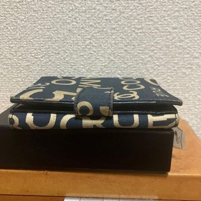CHANEL 02P A18329X02175 LOGO PRINT BI-FOLD WALLET CANVAS LEATHER NAVY BEIGE