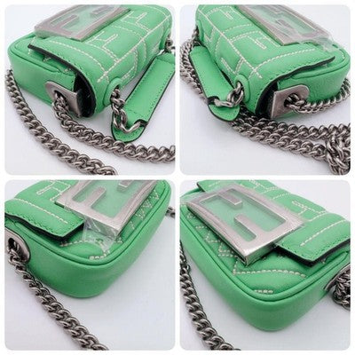 FENDI ZUCCA NANO BAGUETTE LEATHER SHOULDER BAG GREEN NEAR MINT