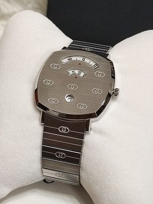 GUCCI GRIP WATCH 38MM YA157410 STAINLESS STEEL SILVER UNUSED W/ BOX & PAPERS